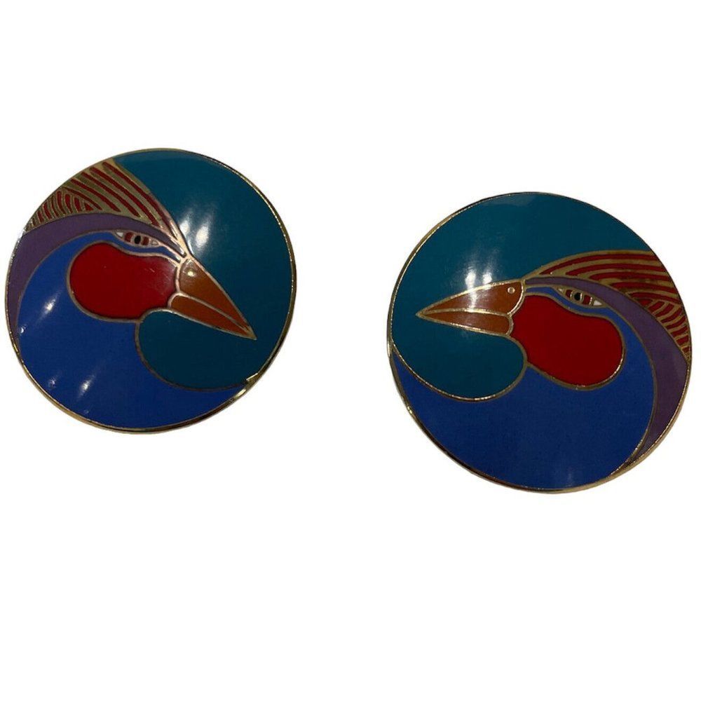 Laurel Burch Harlequin Bird Gold Tone Pierced Earrings Post Cloisonné Peacock
